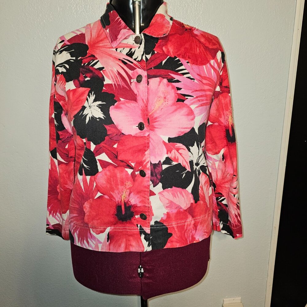 #150 Chico's Design Floral Red pink Denim blazer Jacket, Size 2 12/4 M